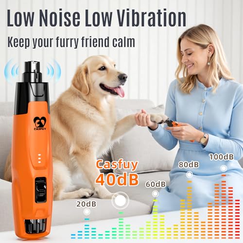 Casfuy New 6-Speed Dog Nail Grinder - 50% More Power Dog Nail Trimmers with 2 LED Lights Quiet 7h Running Time Electric Pet Nail Grinder File Toenail Grinder for Large Medium Small Dogs & Cats (OR) - color: Orange