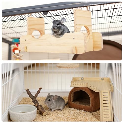 Chinchilla Suspension Bridge, Wooden Chinchilla ledges and Platforms, Small Animals Habitat Toy, Cage Accessories & Habitat Décor for Chinchillas, Hamster, Guinea Pig, Squirrel, Sugar Glider