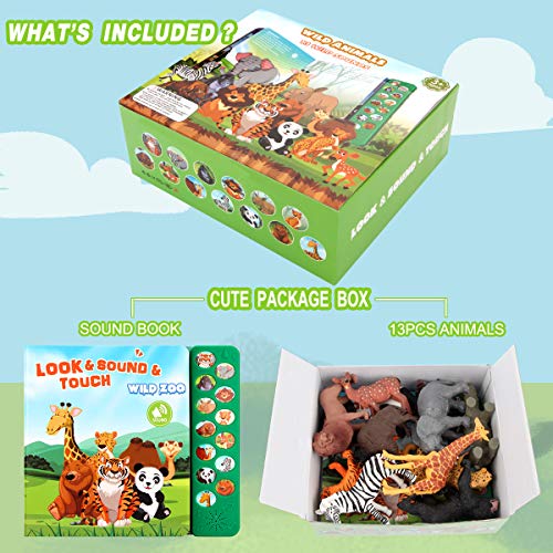 Tudoccy Safari Animals Figures Toys with Sound Book,Zoo Animal for Kids | Realistic Wild Plastic Animal Figurines- Educational Learning Toys Gift Playset for 3+ year old Boys Girls Toddlers