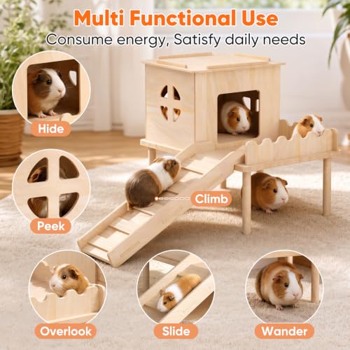Guinea Pig Hideout, Guinea Pig House & Castle with Ramp, Platform | Multi Level Fun, Pet Friendly Wooden Board, Easy‑Climb Ramp, Well‑Ventilated Resting House, Available for Multiple Species - size: Style 2: 11.8 x 11 inches