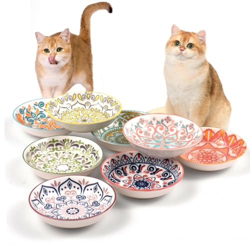 Cat Food Bowl, 8 Pack Ceramic Cat Dishes for Food & Water, Kitten Bowls Set | 5.5" Shallow Feeding Bowls for Wet Meals, Kibble & Water, Whisker Friendly Wide Plates for Cats, Dishwasher & Microwave Safe - size: Boho–8 Pack
