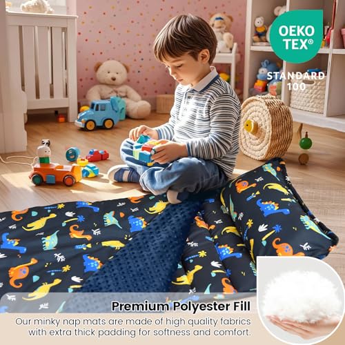 david's kids Toddler Nap Mat with Removable Pillow and Minky Fleece Blanket, 55"x23",Ultra Soft Slumber Bags for Boys, Perfect for Preschool, Daycare, Kids Sleeping Bags with Rollup Design, Dinosaur - color: Dinosaur