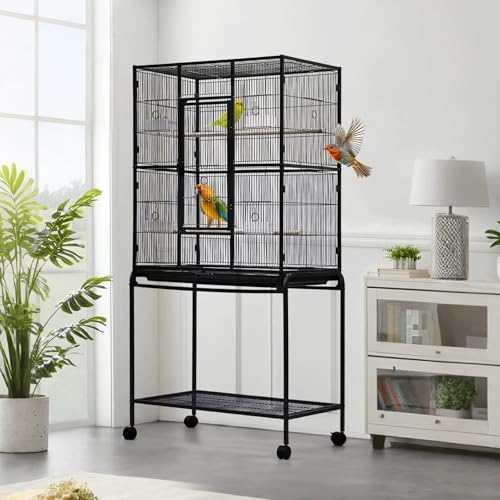 Spacious Flight Bird Cage with Rolling Stand & Storage Shelf - Durable Wrought Iron Parrot Home - Easy Clean, Ideal for Parakeets, Cockatiels, Conures, Lovebirds, Cockatoos - size: 37.2"L x 30.3"W x 4.3"H