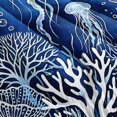 AILONEN Aqua Jellyfish Wave Full Comforter Set, Marine Plant Bedding Pack with 2 Pillowcases, Teen Bedroom - color: Sea8, size: Full