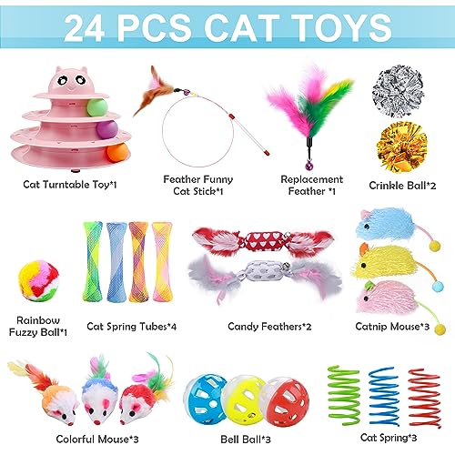 UPSKY 24 PCS Cat Toys Set with Teaser, Mice, Spring, and Various Ball Toys | Puzzle Kitten Toys, Sturdy Structure, Detachable Design, Easy to Assemble, Anti-Slip, Reduces Boredom for Indoor Cats - color: D-24PCS-Pink