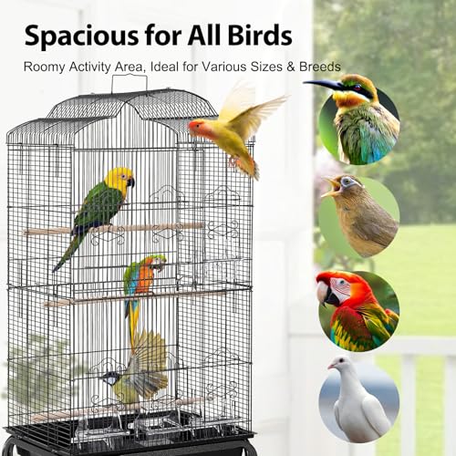60" Large Bird Cage with Stand, Metal Rolling Parrot Cage with Slide-Out Tray, Storage Shelf, Perch & Bowls, Outdoor Indoor Bird Aviary for Parakeets, Cockatiels, Finches, Aviary for Yard Porch