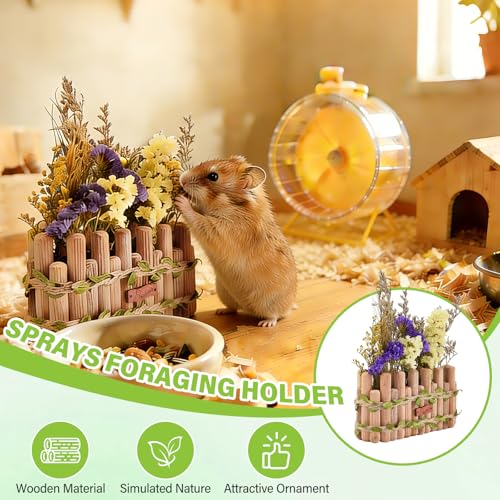 Natural Wood Hamster Spray Holder, Hamster Flower Forage Holder | Small Animal Herbs Spray Foraging Stander Decor, Hamsters Cage Habitat Decor Accessories for Guinea Pig, Gerbils