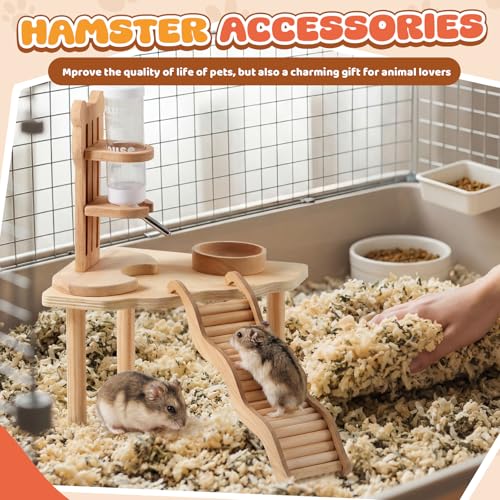 5 Pcs Hamster Cage Accessories, Wood Hamster Play Wooden Platform Water Bottle with Stand Climbing Set for Rat Mice Small Animals Pets Habitats Woodland Decor(Scalloped Platform) - style: Scalloped Platform