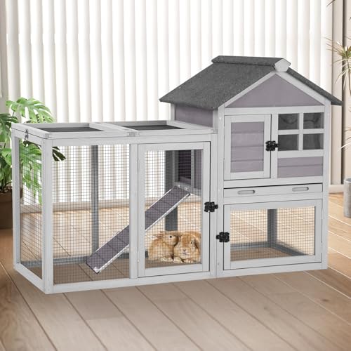 Outdoor Rabbit Hutch with Run, 2-Tier Fir Wood Bunny Cage, Waterproof Roof, Pull-Out Tray, Secure Latches, 51.6 x 20.8 x 36.2 in, Grey - color: Grey, size: 51.6"L x 20.8"W x 36.2"H