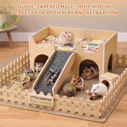 Large 2-Tier Guinea Pig Castle Hideout with Non-Slip Ramp for Small Animals | Play, Climb & Rest，Fun Toy & Cozy Hideout，Sturdy & Durable，Chew-Resistant Wood，Easy Assembly，for Hamsters, Bunny, Chinchillas