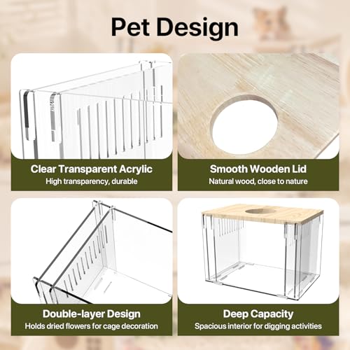 Fully Detachable Hamster Digging Box, Removable Acrylic Panels & Wooden Lid, Extra Deep Clear Panoramic Burrow, Dual-Side DIY Habitat, M Size for Syrian Hamsters, Gerbils, Degus - size: 8.7"L x 6.1"W x 6.3"H