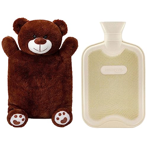 HomeTop Premium Classic Rubber Hot Water Bottle with Cute Bear Cover | Natural rubber hot water bottle,Long-lasting heat retention,Snuggly all-night warmth - color: Tan