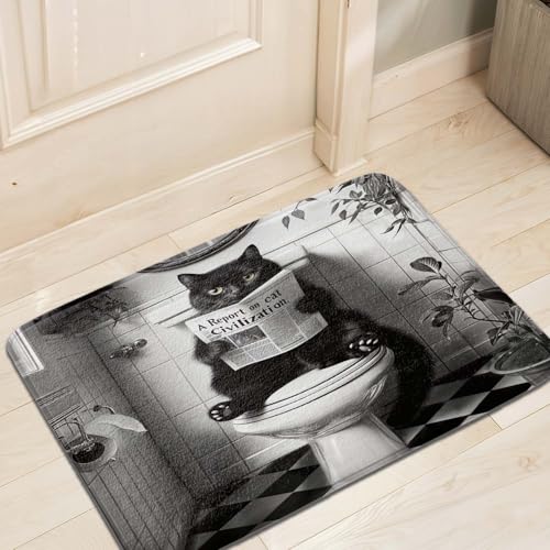 JAWO Funny Black Cat Bath Mats Rugs for Bathroom, Humorous Cat on Toilet Reading Newspaper, Black White Retro Animal Bathroom Decor, Washable Flannel Bath Shower Rug Non Slip 17X29 - color: Black, size: 17.00" X 29.00"