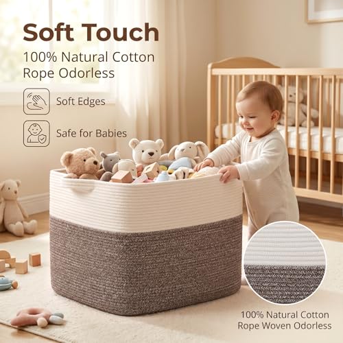 OIASKET 108L Cotton Rope Storage Basket for Living Room and Bedroom 25"x16"x16" Woven Laundry Basket, Heavy Duty Bin for Blankets, Pillows & Toys, Pet-Safe & Scratch-Free, Dark Brown and White - color: Dark Brown & White