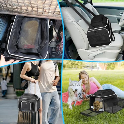 Top and Side Expandable Small Pet Carrier Airline Approved, Black | 17"Lx12"Wx8.5"H, for JetBlue/Frontier/Spirit Airlines, Pets Under 8 Lbs, Lockable Zippers, Soft-Sided, Anti-Scratch Mesh - color: Black, size: 17.0"L x 12.0"W x 8.5"H