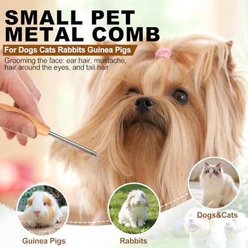 HOP Small Dog Comb with Wooden Handle Dog Eyes&Face Metal Comb | Pet Fine Tooth Flea Comb,Pet Grooming Tool for Dogs Cats Rabbits Guinea Pigs Gentle Remove Loose Hair Tangles Dirt Fleas