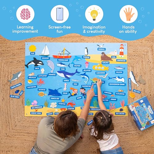 BONNYCO Felt Board for Toddlers with 107 Sea Animals Figures. Montessori and Sensory Toys, Birthday Gifts for Kids 3-8 Years Old. Educational Games, Learning Activities, Christmas - style: Ocean