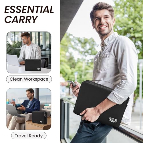 Electronic Organizer Travel Case, Double Layer Cable Organizer Bag | Double-layer design with adjustable dividers, mesh pockets and elastic loops for chargers, cables, power banks and gadgets - color: black