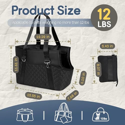 YUDODO 4-12lbs Dog Purse Carrier, Lightweight Small Dog Carrier with Large Pockets & Treat Pouch, Collapsible Pet Travel Carrier Puppy Cat Rabbit, Black, Purse+Treat Pouch