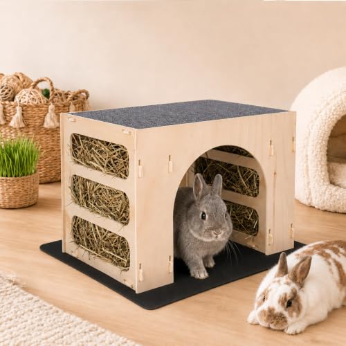 Wood Bunny House Hideout–15.7" Large Rabbit Hideout with Hay Feeders, Indoor Bunny House for Rabbits, Wooden Guinea Pig Hideout, Small Animal Habitat Decor with 2 Washable Pads