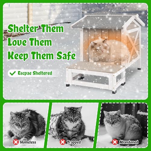 Insulated Outdoor Cat House Weatherproof Feral Cat Shelter for Winter Outside Cat Houses for 1-2 Cats Indoor Pets Condo with Waterproof Roof & Escape Door, 6.3" Raised Base & Balcony - style: 30"L Insulated Small Cathouse
