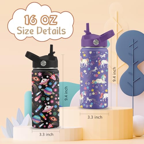 16 oz Water Bottle with Straw, Space Unicorn Gifts for Boys Girls, 2 PCS | Stainless Steel Insulated Water Bottles for School Travel Outdoor Sports, Cute Universe Unicorn Cups - color: Space and Unicorn
