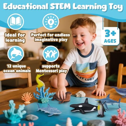 Ocean Sea Life Toy Figures Set for Kids, 12 PCS Realistic Marine Animals with Shark, Dolphin, Sea Turtle, Penguin, Seal, Clownfish, Crab, Ocean Animal Figure Toys for Boys Girls Toddlers - style: 12-PC Sea Animal Figures Set