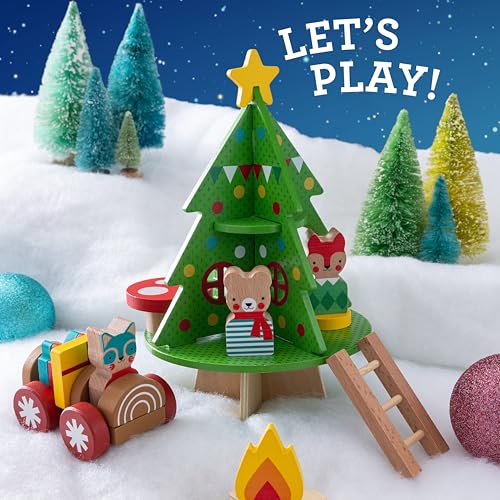 Petit Collage: Christmas Treehouse Wooden Play Set – Eco-Friendly FSC Wood Toy for Toddlers 12mo+ – Features Treehouse with Ladder, Animal Figures, Yule Log Car,Table & Accessories – Cozy