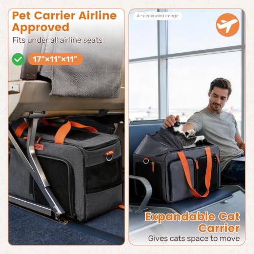 Cat Carrier Soft Sided Airline Approved for Small Pet Dog Travel | Collapsible, Top Loading, for Medium Animal Kitten Puppy Long Car Trip, Expandable Fabric Large Bag, for Kitty Under 20 lb