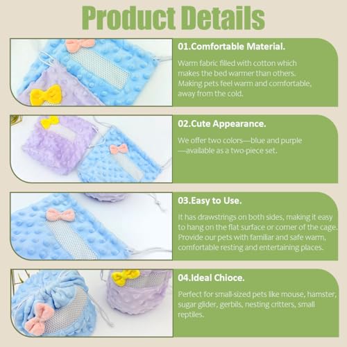 Sugar Glider Bonding Pouch Carrier Bag, 2-Pack Soft Fleece Small Animal Snuggle Sack with Breathable Mesh Window and Drawstring, Portable Nesting Bag for Hamsters and Rats.