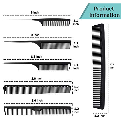6 Pieces Carbon Fiber Hair Combs Set, General Styling Grooming Combs, Anti Static Heat Resistant Hairdressing Comb, Fine and Wide Tooth Hair Barber Rat Tail Comb - color: Black - 6PCS Carbon Fiber