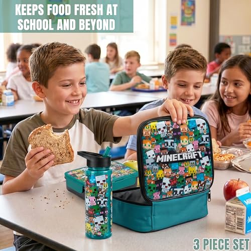 Get Trend Minecraft Kids Insulated Lunch Bag 3Pc Set with Bento Box and 20 fl oz BPA-Free Straw Water Bottle, Lightweight Kids Lunch Box, Gamer Gifts for Boys (Multi Minecraft) - color: Multi Minecraft