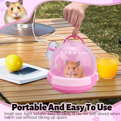Pink Portable Hamster Carrier with Water Bottle & Handle, Breathable Guinea Pig Travel Cage, Pet Small Animal Carrier Carrying Case for Gerbils Mice Hedgehog Outgoing Transport (7" x 6.2") - color: Pink
