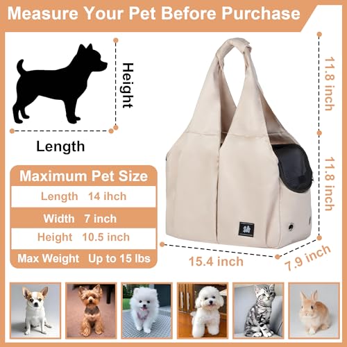Small Dog Purse Carrier for Puppy Cats Yorkie Chihuahua,Up to 15lbs | Soft-Sided Pet Tote Bag with 4 Large Pockets, Lightweight, Foldable, for Travel Outings Vet (15.4"L×7.9"W×11.8"H, Beige) - color: Beige