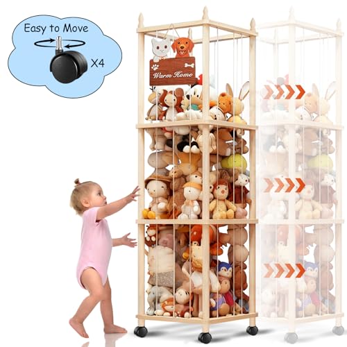 Large Stuffed Animal Storage with Cat & Dog Design, Wooden Stuffed Animal Zoo, Rolling Stuffed Animal Holder, Toy Storage Cage, Plushies Storage for Playroom Bedroom