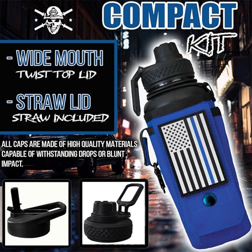 Iron Infidel Battle Bottle - 32 Oz Insulated Water Bottle with Straw Lid & Chug Cap, Stainless Steel Metal Flask Includes Rugged, Removable Sleeve for Keys, Wallet, & Phone (Thin Blue Line 1 Liter) - color: 32oz - Blue Line, size: 32 Ounces