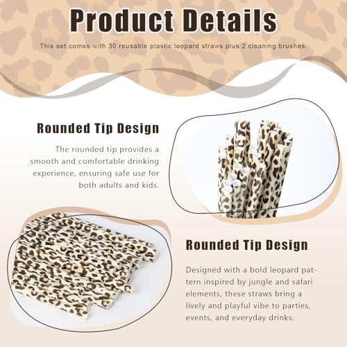 30 Pcs Reusable Beige Leopard Print Straws Cheetah Print Plastic Drinking Straws with 2 Cleaning Brushes for Stylish Animal Print Party Favors and Everyday Drinks - color: Light