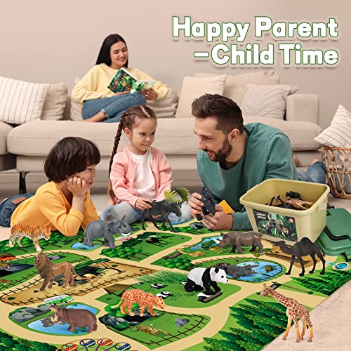 FRUSE Safari Animals Figures Toys with 57”x38.5” Play Mat for Toddlers 3-5 | 12 PCS Jungle Wild Zoo Animals Figurines, Storage Box, Tiger, Lion, Elephant, Toddler Learning Toys, Gifts for Kids 3 4 5 6 7