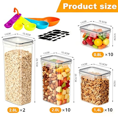 32pcs Airtight Containers, Clear Stackable Dry Food Storage | 32pk clear airtight containers with tight lids keep dry food fresh. Safe plastic, stackable for pantry kitchen storage - size: 32 pcs(47.6L)