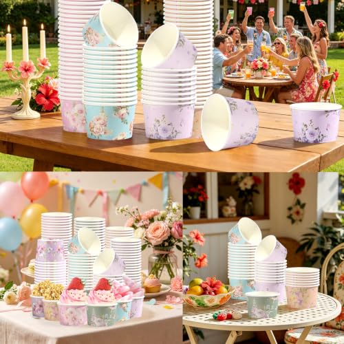 120Pcs 12oz Summer Ice Cream Cups for Hot or Cold Food | Vintage Flower Dessert Bowls Disposable Butterfly Large Snack Cups for Sundae Treat Floral Baby Shower Wedding Party Supplies - style: Retro Floral Ice Cream Cups