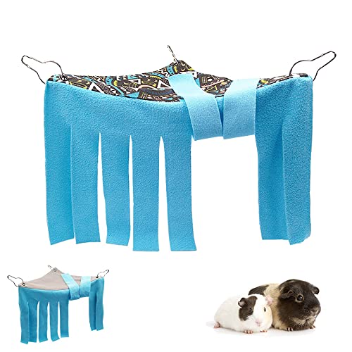 RIOUSSI Guinea Pig Hideout Hideaway Corner Fleece Toys Cage Accessories | Reversible Sides | Soft Fleece Fabric | Come with Hooks | Guinea Pig Hammock for Small Animals | Blue, Triangle - color: Blue
