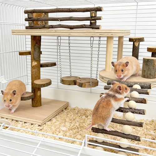 Large Wooden Hamster Toys Playground Set with Ladder & Bridge | Natural wood, includes ladder, ramp, bridge, and food bowl. Ideal for hamsters, gerbils, mice, rats.
