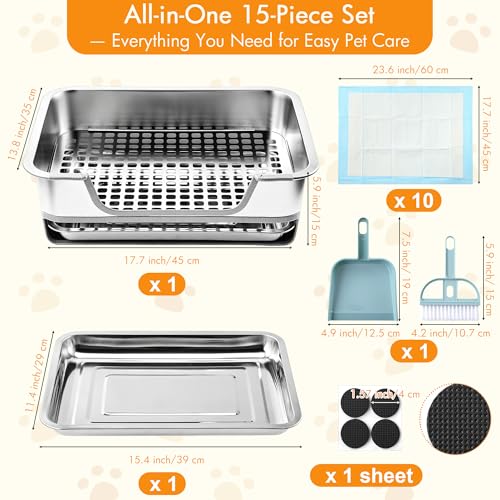 MCEAST Extra Large Stainless Steel Rabbit Litter Box, Pull-Out Bunny Potty Pan with Metal Grid, Rabbit Cage Bathroom Set Includes Pee Pads Cleaning Set for Small Animals (17.7" x 13.8" x 5.9")