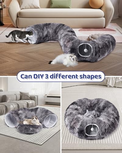 Cat Tunnel Bed with 20 Pcs Interactive Toys, 3-in-1 DIY Collapsible Plush Cat Tube with Washable Mat, Large Indoor Play Tunnel Cave for Kittens and Small Animals - color: Charcoal Gray