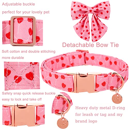 Valentine's Day Dog Collar with Bow Tie, Cotton with Metal Buckle, Red Heart, XS, Neck 8-12in - color: LovedStick, size: XS