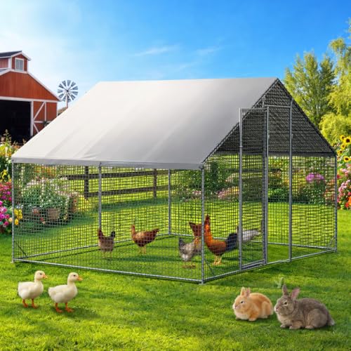 Large Walk-in Chicken Coop with Chicken Run, Galvanized Poultry Enclosure with Waterproof Anti-UV Cover and Security Lock, Ideal for Rabbit, Duck, Backyard and Farm Yard，9.8'x 6.6'x 6.6' - size: 117.6"L x 78.7"W x 78.7"H