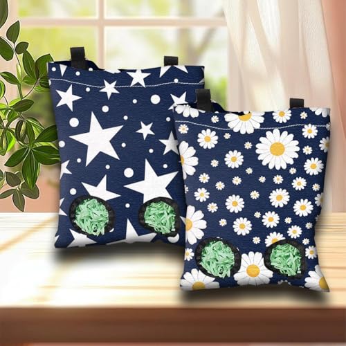 2Pcs 2 Styles Hay Feeder Bag for Bunny Guinea Pigs Chinchillas 11.6 x 9.1 Inch Small Animal Hay Bags with 2 Holes Blue Star Daisy Cloth Washable Hanging Pet Feeding Storage Cage Accessories - color: Star