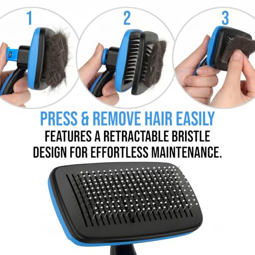 Pet Slicker Brush with Self-Cleaning Button – Deshedding & Grooming Tool for All Hair Types – Safe for Puppy, Kitten & Dogs, Cats, Blue, Hampton Distribution