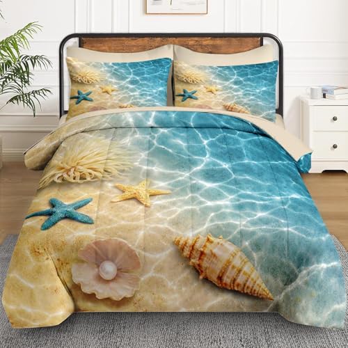 WeCozy Twin Comforter Set with Sheets, 5 Pieces Summer Beach Bedding | Bed in A Bag for All Season, Seashell Blue Ocean Sea Shell, Pillowcase & Sham for Kids and Adults - color: Beach Seashell, size: Twin