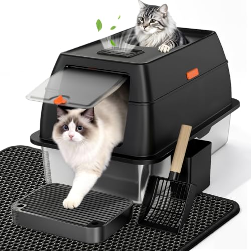XL Enclosed Stainless Steel Litter Box with Lid, Black | covered, High Sided, Rustproof & Leak Proof, Easy Clean, Odor Control, Includes Scoop & Step & Mat - color: Black